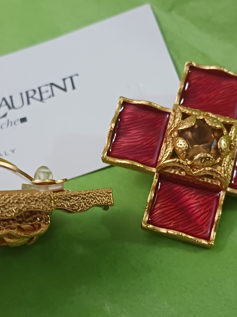 Red and Gold Statement Cross Earrings by Saint Laurent Clip Ons Made In FRANCE - Picture 3 of 13